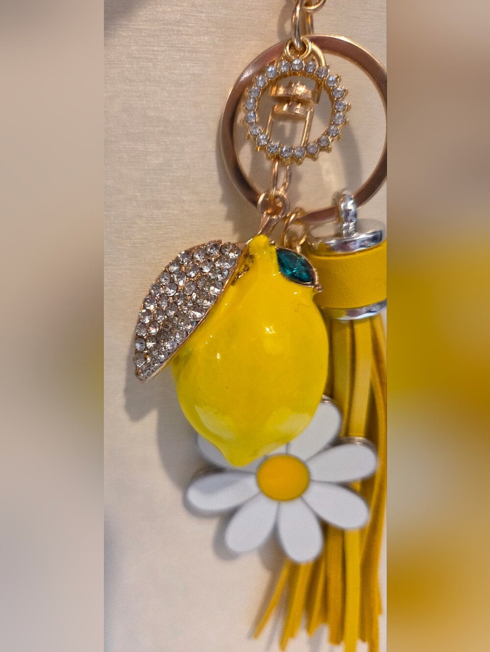 🍋Bright Yellow Lemon Purse Charm • White Daisy Floral Leather Tassel Keychain - Picture 2 of 16